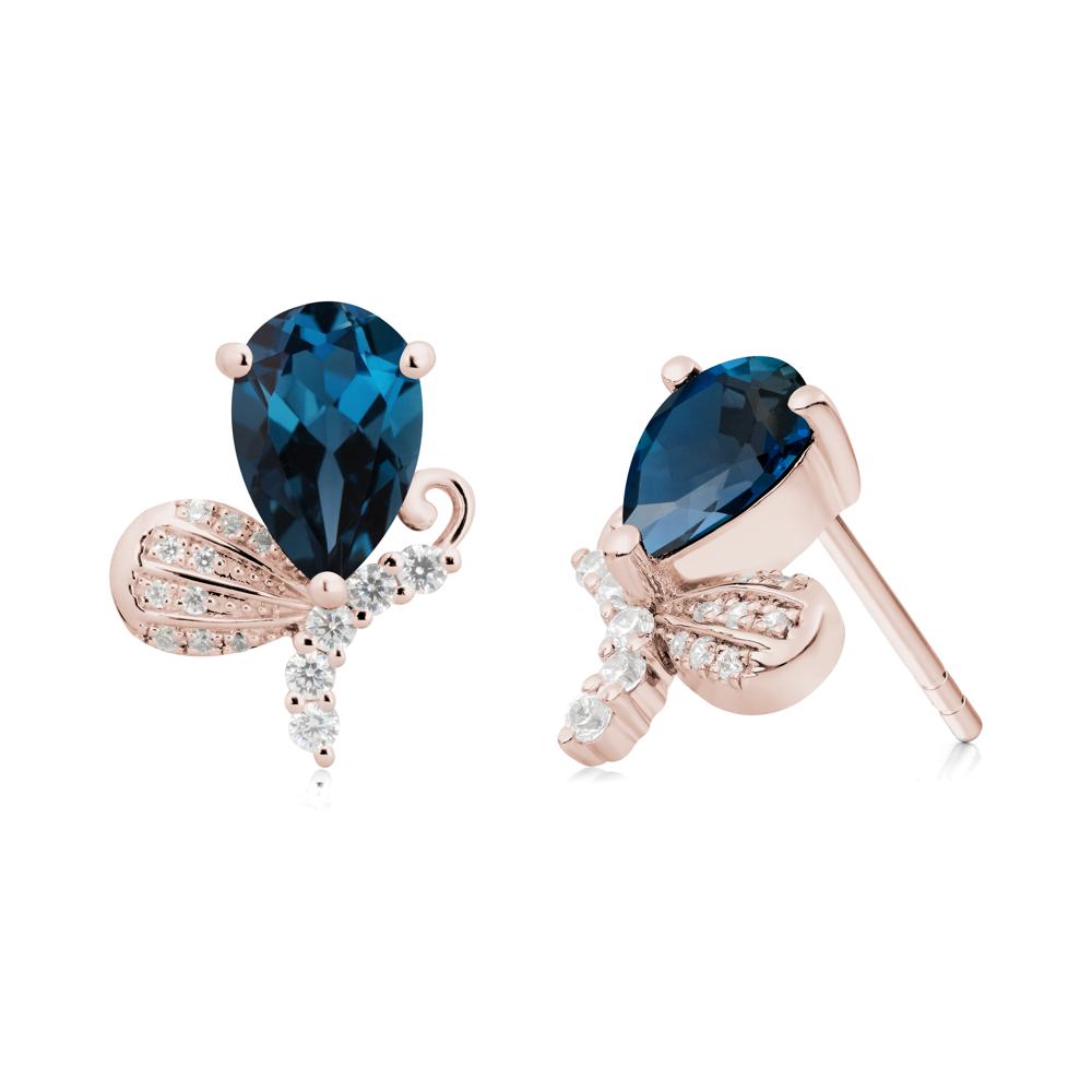 Pear Shaped London Blue Topaz Butterfly Stud Earrings - LUO Jewelry #metal_14k rose gold