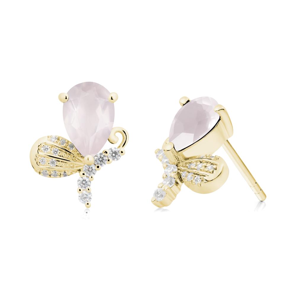 Pear Shaped Rose Quartz Butterfly Stud Earrings - LUO Jewelry #metal_18k yellow gold