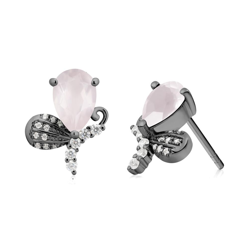 Pear Shaped Rose Quartz Butterfly Stud Earrings - LUO Jewelry #metal_black finish sterling silver