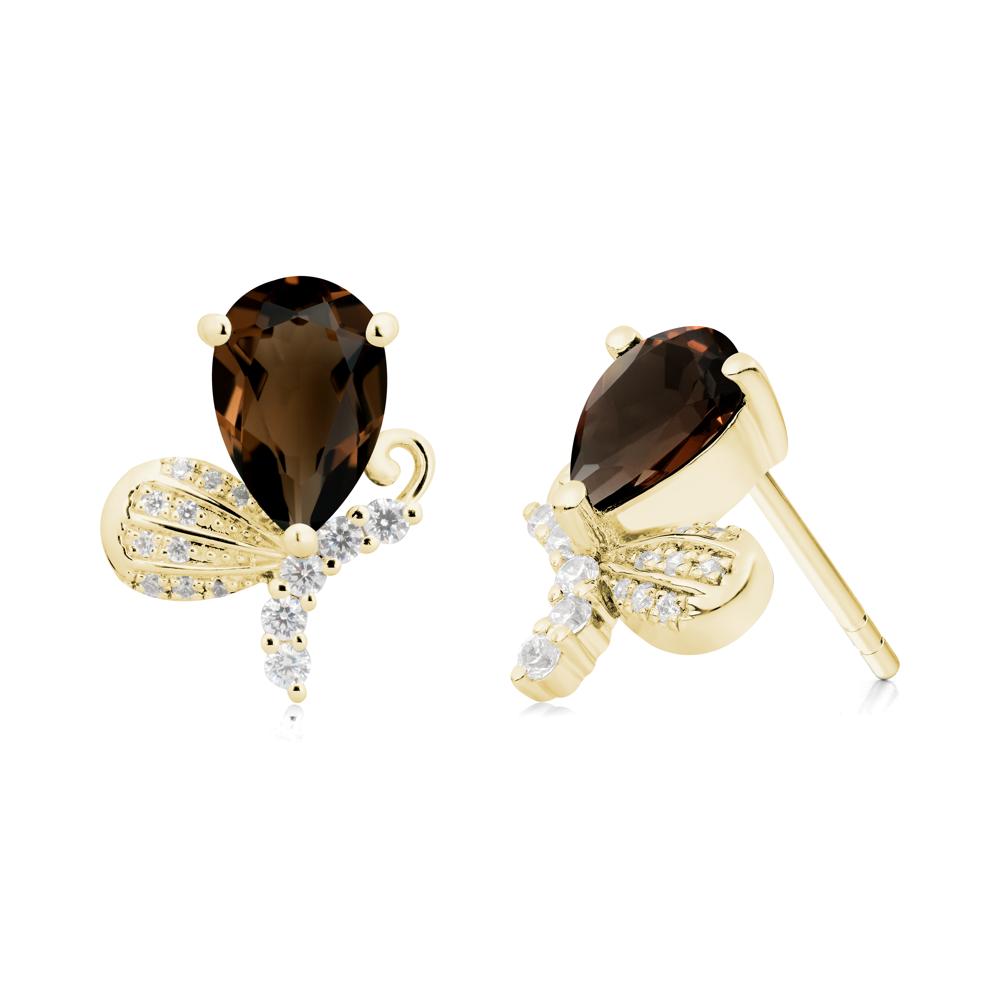 Pear Shaped Smoky Quartz Butterfly Stud Earrings - LUO Jewelry #metal_18k yellow gold