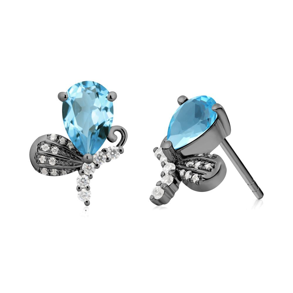 Pear Shaped Swiss Blue Topaz Butterfly Stud Earrings - LUO Jewelry #metal_black finish sterling silver