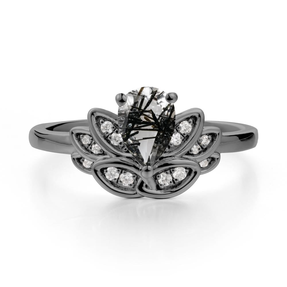 Lotus Flower Black Rutilated Quartz Ring - LUO Jewelry #metal_black finish sterling silver