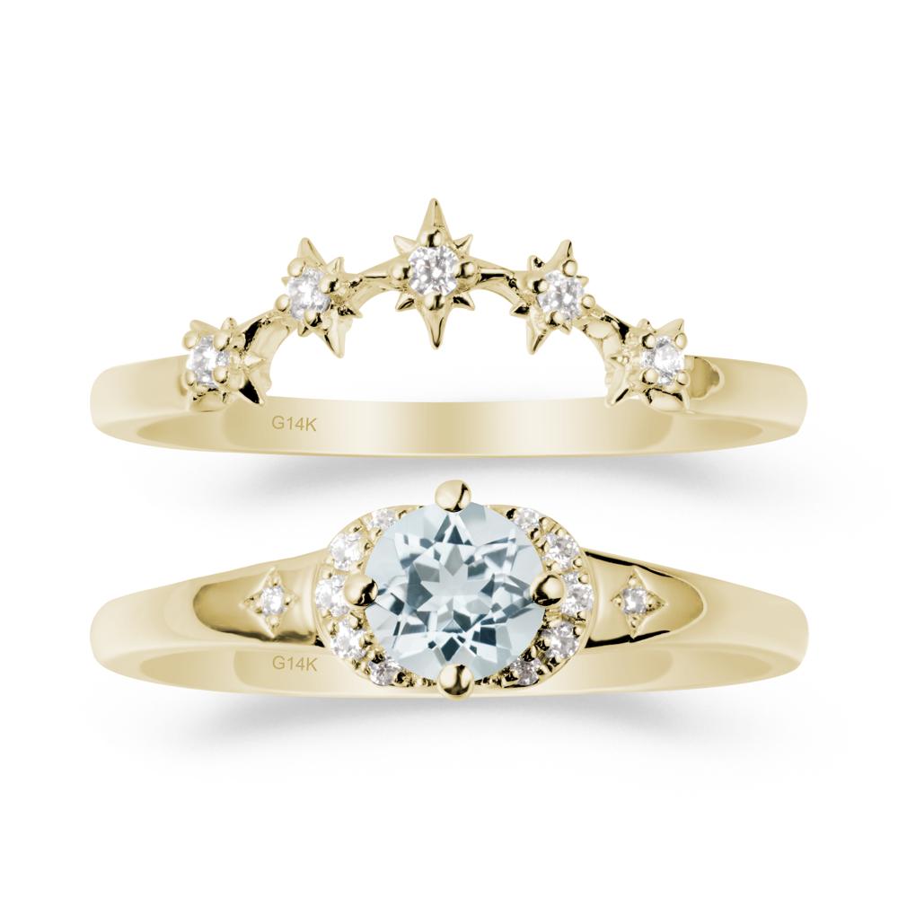 Aquamarine Halo and Star Crown Ring Set - LUO Jewelry #metal_14k yellow gold