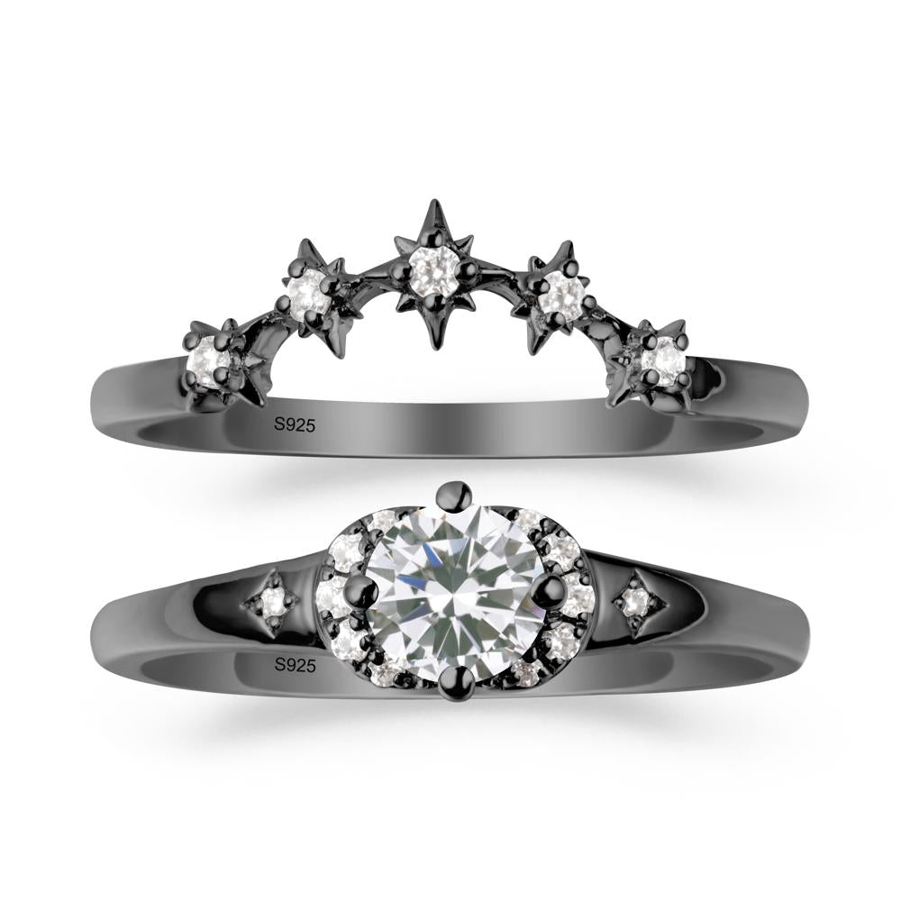 Cubic Zirconia Halo and Star Crown Ring Set - LUO Jewelry #metal_black finish sterling silver