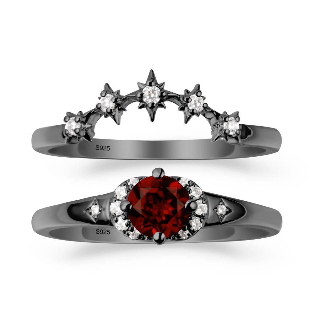 Garnet Halo and Star Crown Ring Set - LUO Jewelry #metal_black finish sterling silver