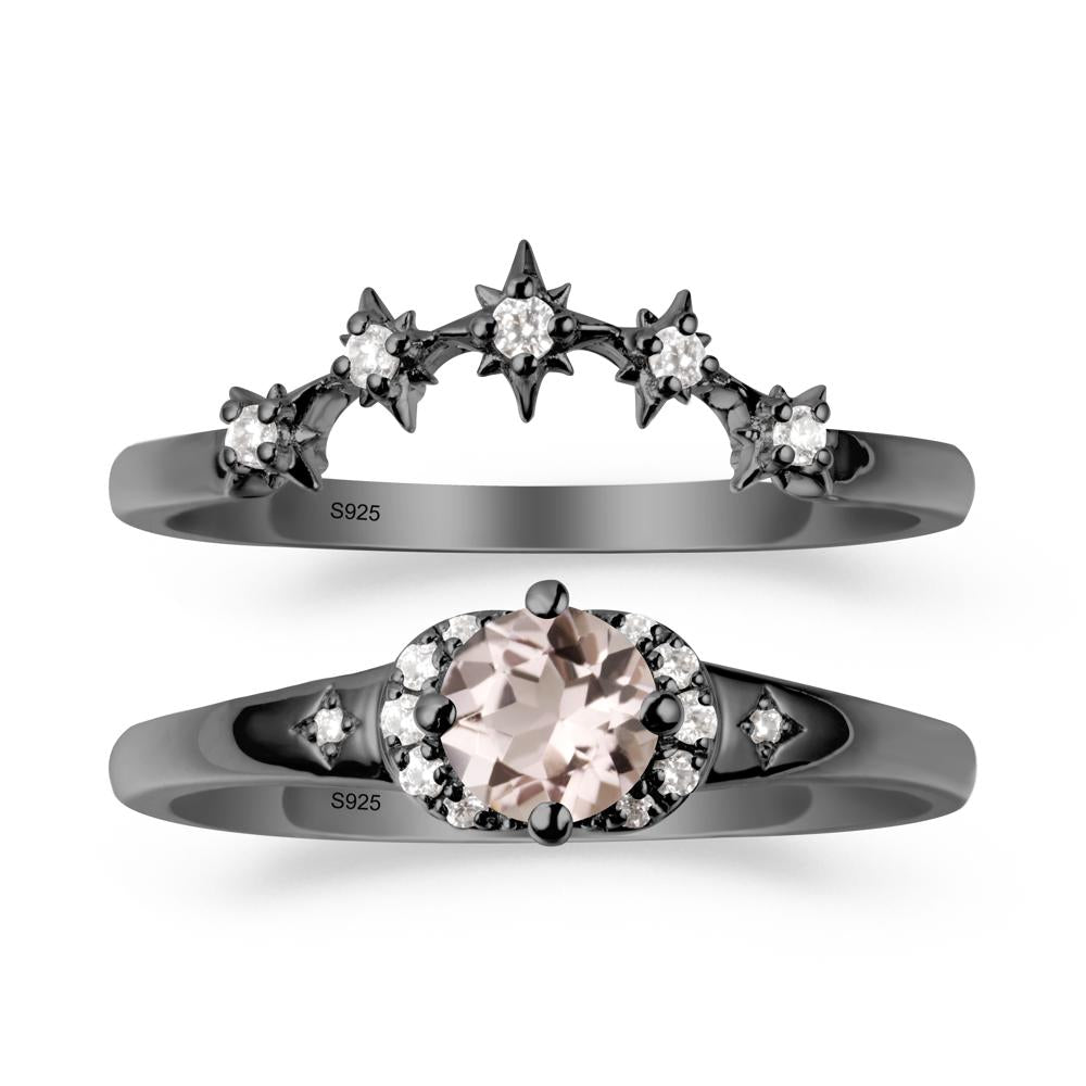 Morganite Halo and Star Crown Ring Set - LUO Jewelry #metal_black finish sterling silver