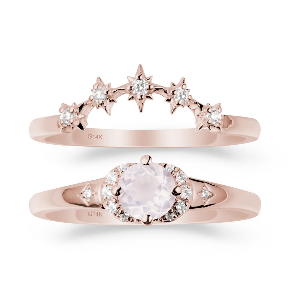 Rose Quartz Halo and Star Crown Ring Set - LUO Jewelry #metal_14k rose gold