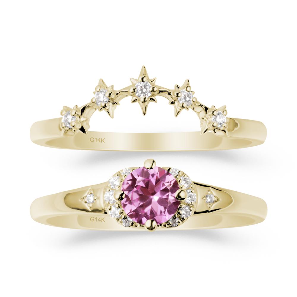 Moon and Star Pink Sapphire Celestial Ring Set - LUO Jewelry #metal_14k yellow gold