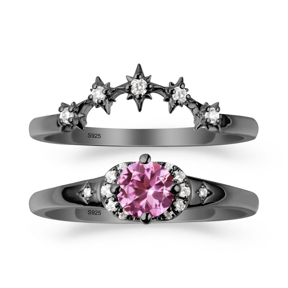 Moon and Star Pink Sapphire Celestial Ring Set - LUO Jewelry #metal_black finish sterling silver