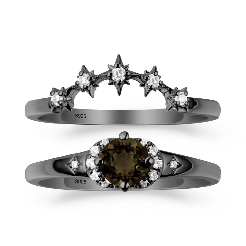 Moon and Star Smoky Quartz Celestial Ring Set - LUO Jewelry #metal_black finish sterling silver