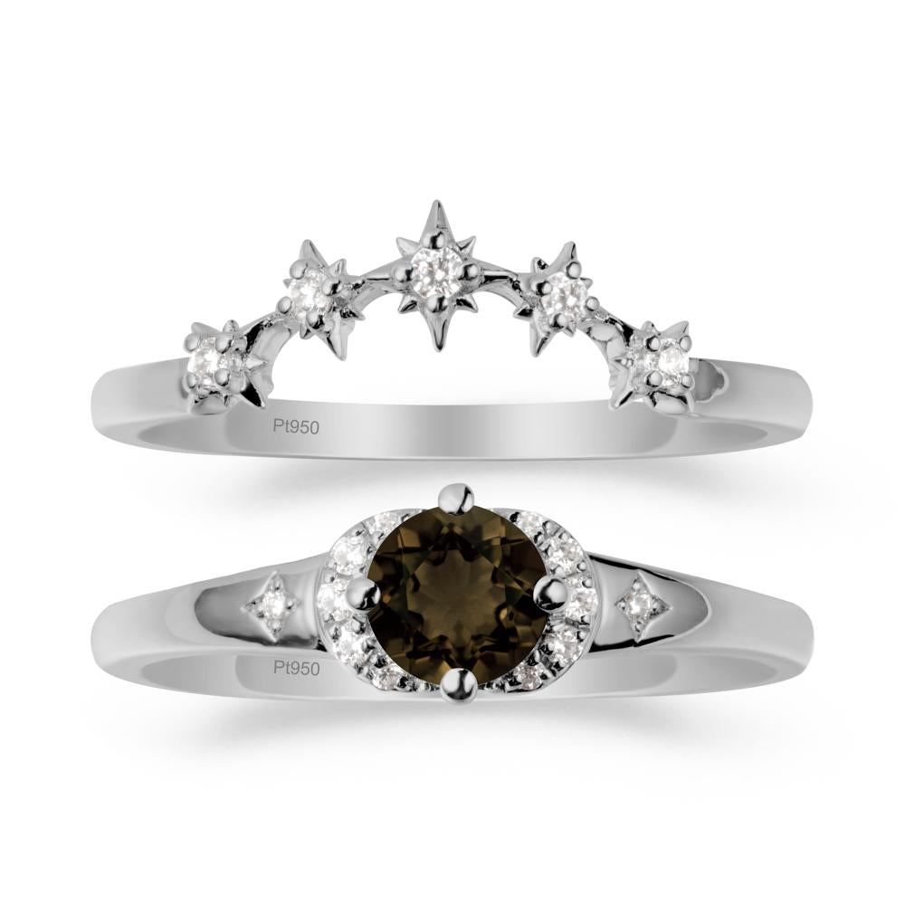 Moon and Star Smoky Quartz Celestial Ring Set - LUO Jewelry #metal_platinum