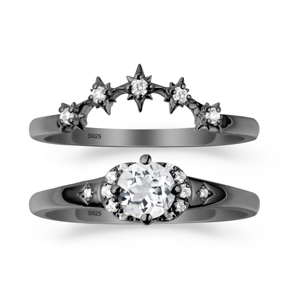 Moon and Star White Topaz Celestial Ring Set - LUO Jewelry #metal_black finish sterling silver