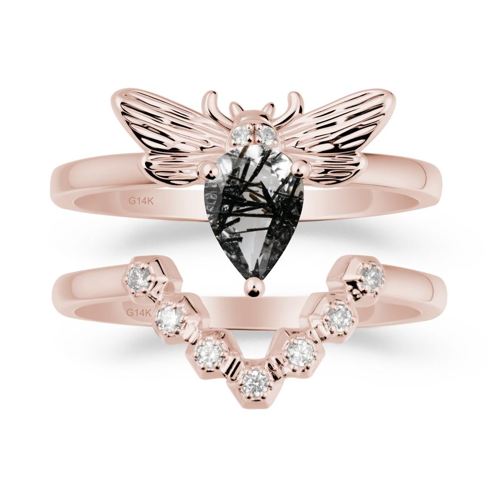 Pear Shapped Black Rutilated Quartz Bee Ring Set - LUO Jewelry #metal_xxxxx