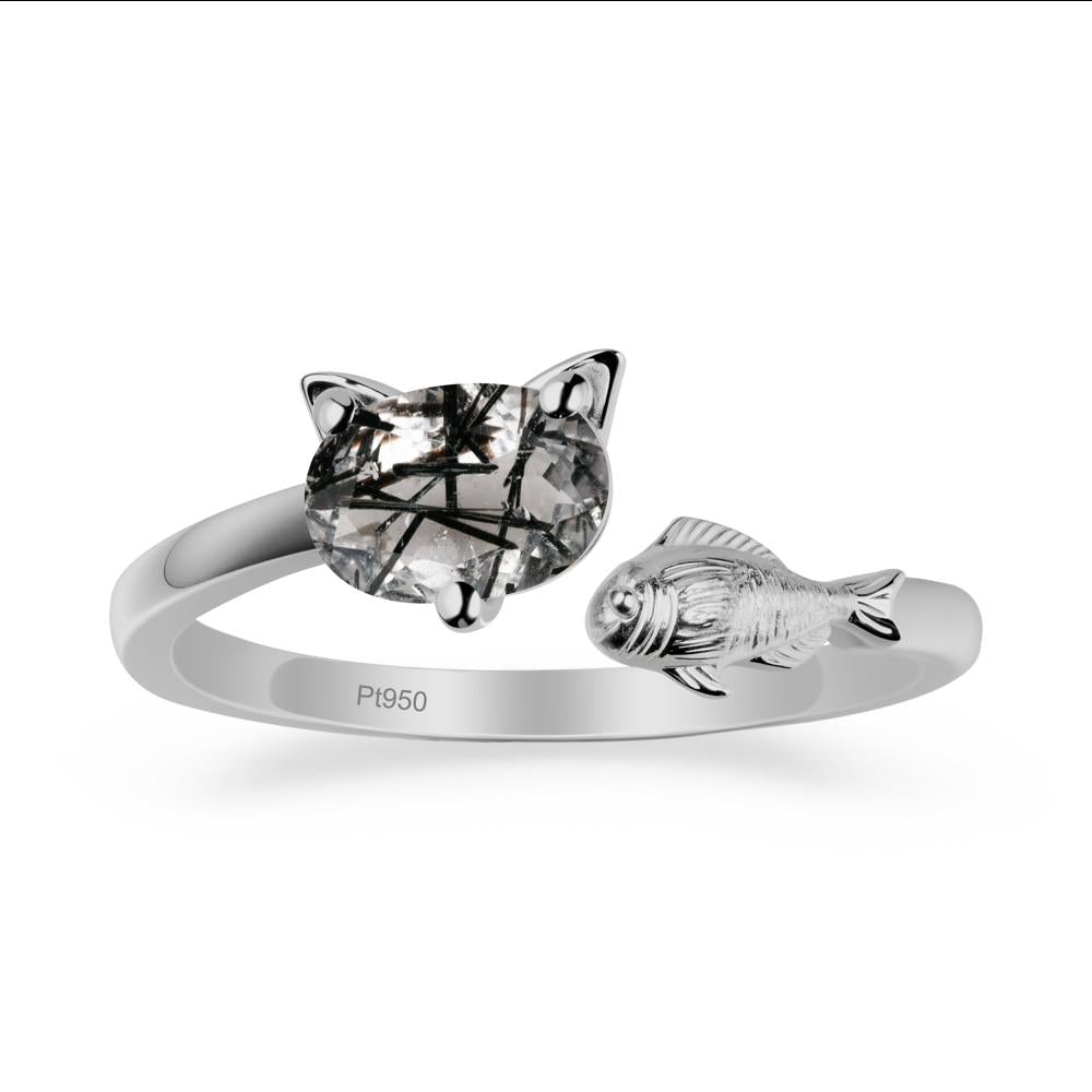Cat and Fish Black Rutilated Quartz Bypass Ring - LUO Jewelry #metal_platinum
