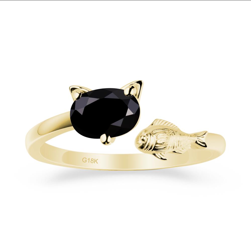 Black Spinel Cat and Fish Ring - LUO Jewelry #metal_18k yellow gold