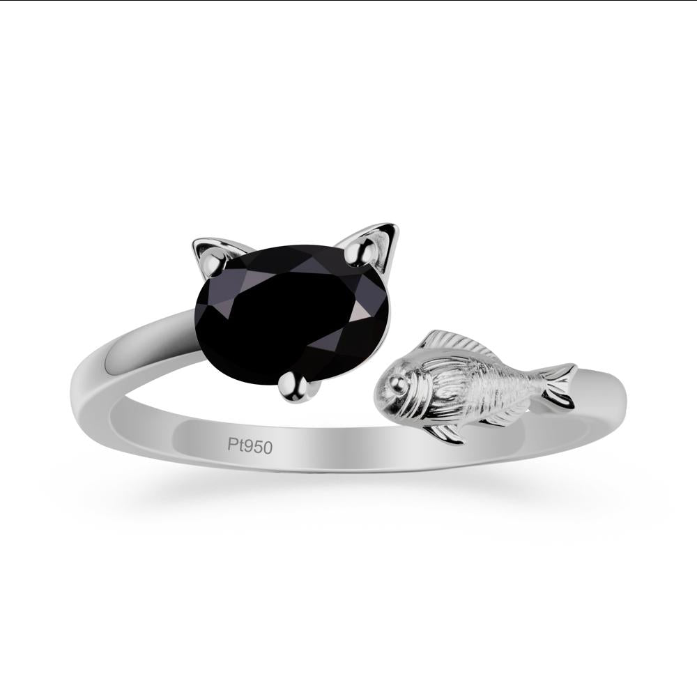Black Spinel Cat and Fish Ring - LUO Jewelry #metal_platinum