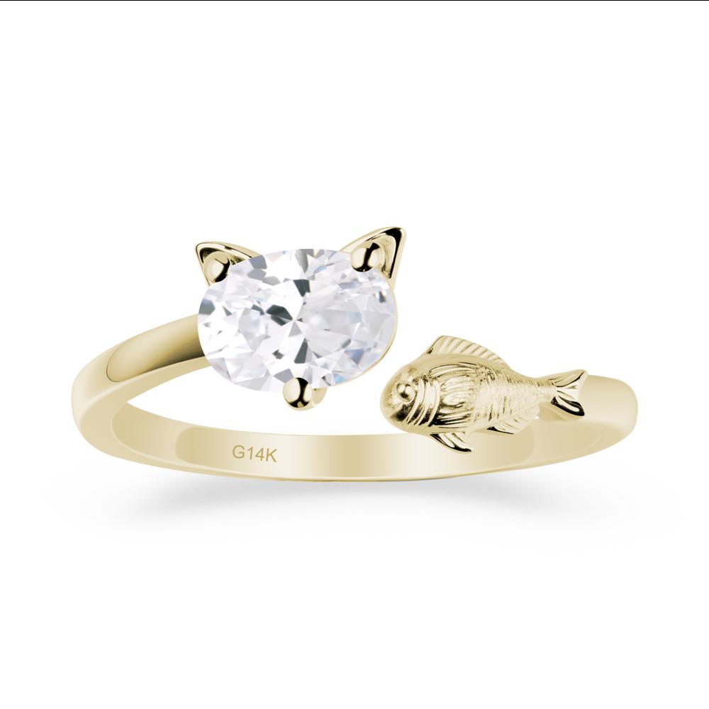 Cat and Fish Cubic Zirconia Open Ring - LUO Jewelry #metal_14k yellow gold