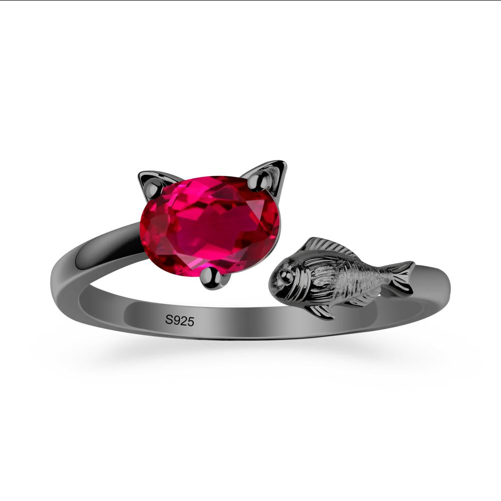 Ruby Cat and Fish Ring - LUO Jewelry #metal_black finish sterling silver