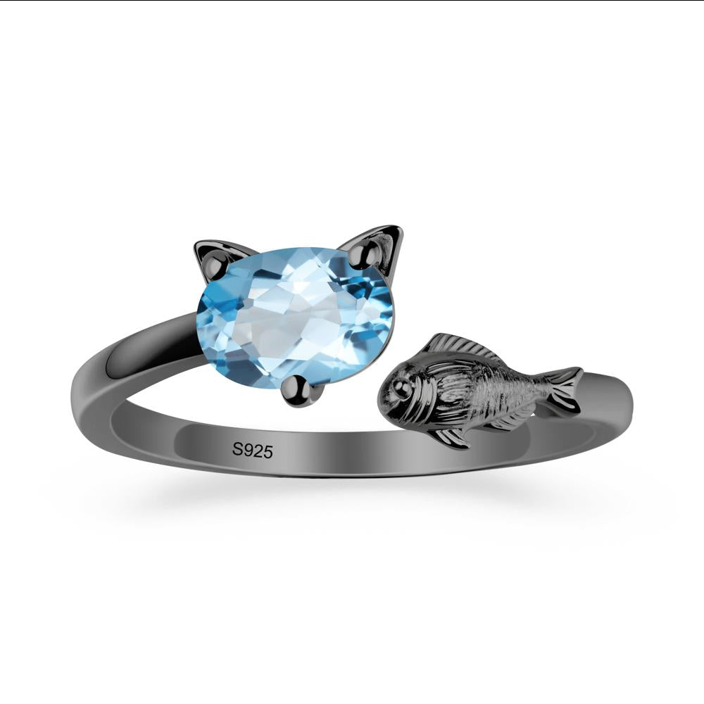 Cat and Fish Swiss Blue Topaz Bypass Ring - LUO Jewelry #metal_black finish sterling silver