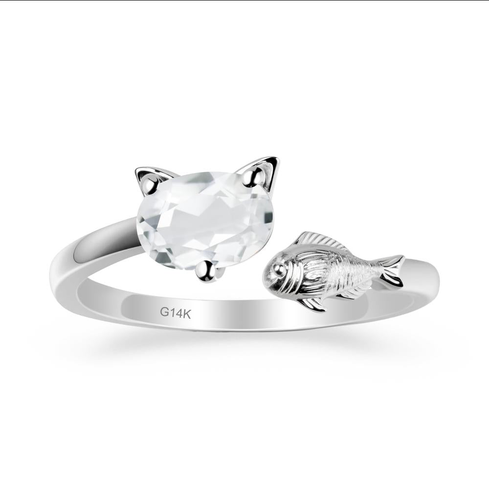 White Topaz Cat and Fish Ring - LUO Jewelry #metal_14k white gold