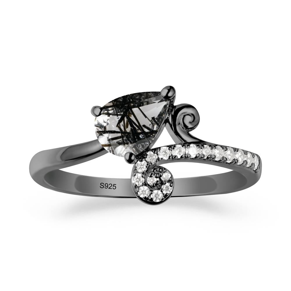 Teardrop Black Rutilated Quartz Swirl Ring - LUO Jewelry #metal_black finish sterling silver