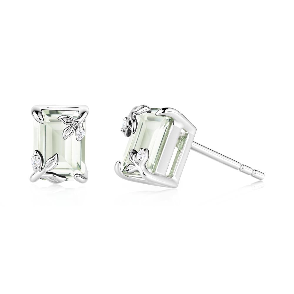 Nature-Inspired Leaf Emerald Cut Green Amethyst Stud Earrings - LUO Jewelry #metal_18k white gold