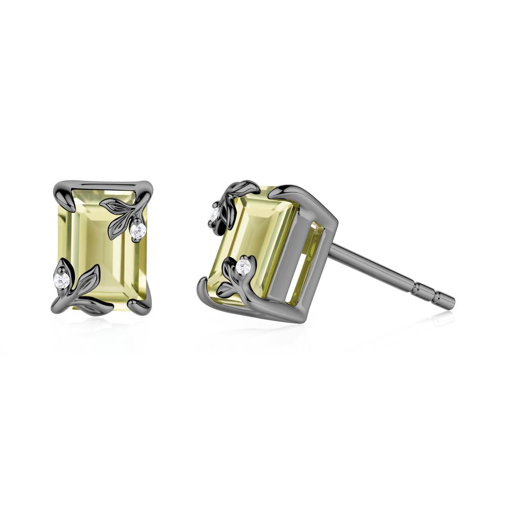 Nature-Inspired Leaf Emerald Cut Lemon Quartz Stud Earrings - LUO Jewelry #metal_black finish sterling silver