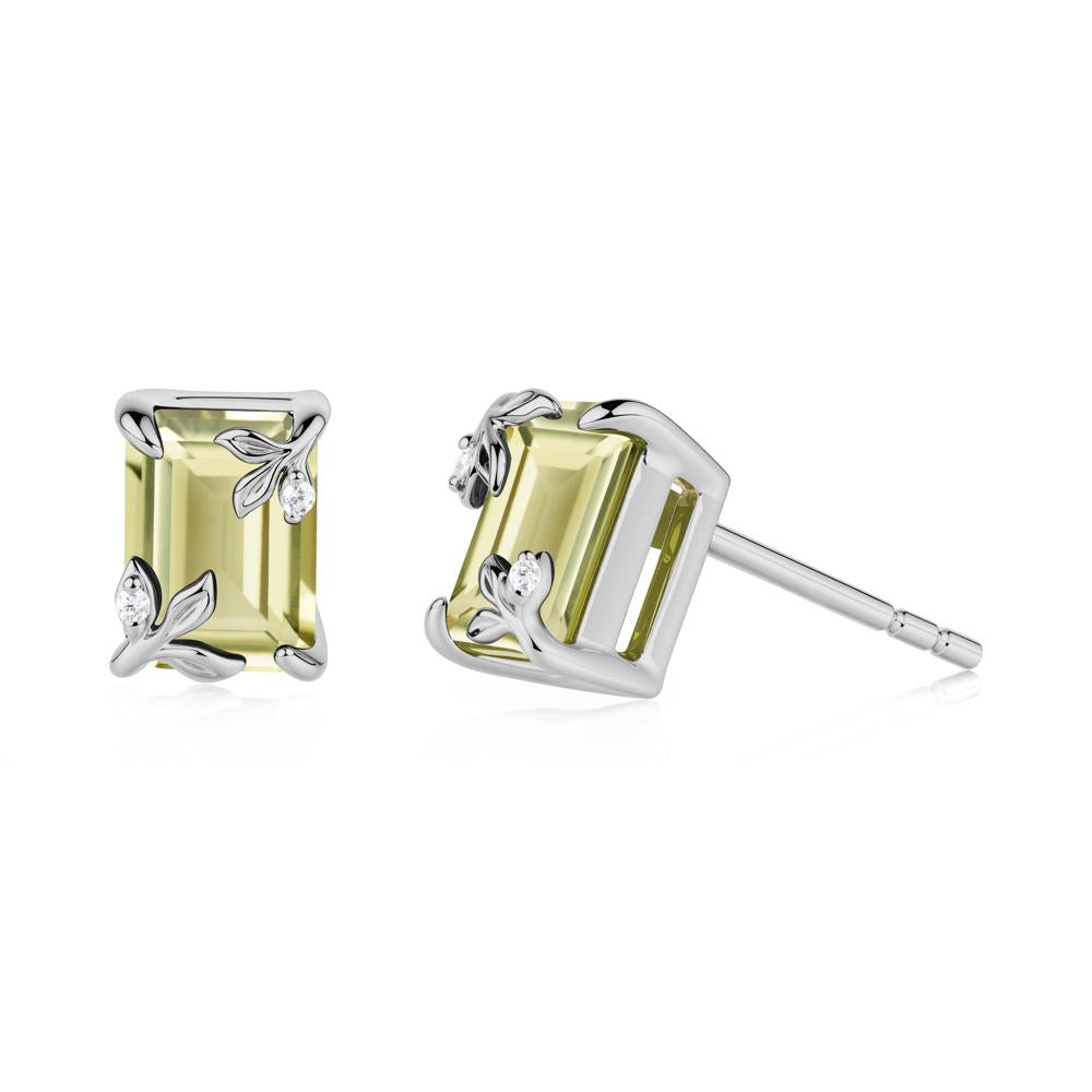Nature-Inspired Leaf Emerald Cut Lemon Quartz Stud Earrings - LUO Jewelry #metal_platinum