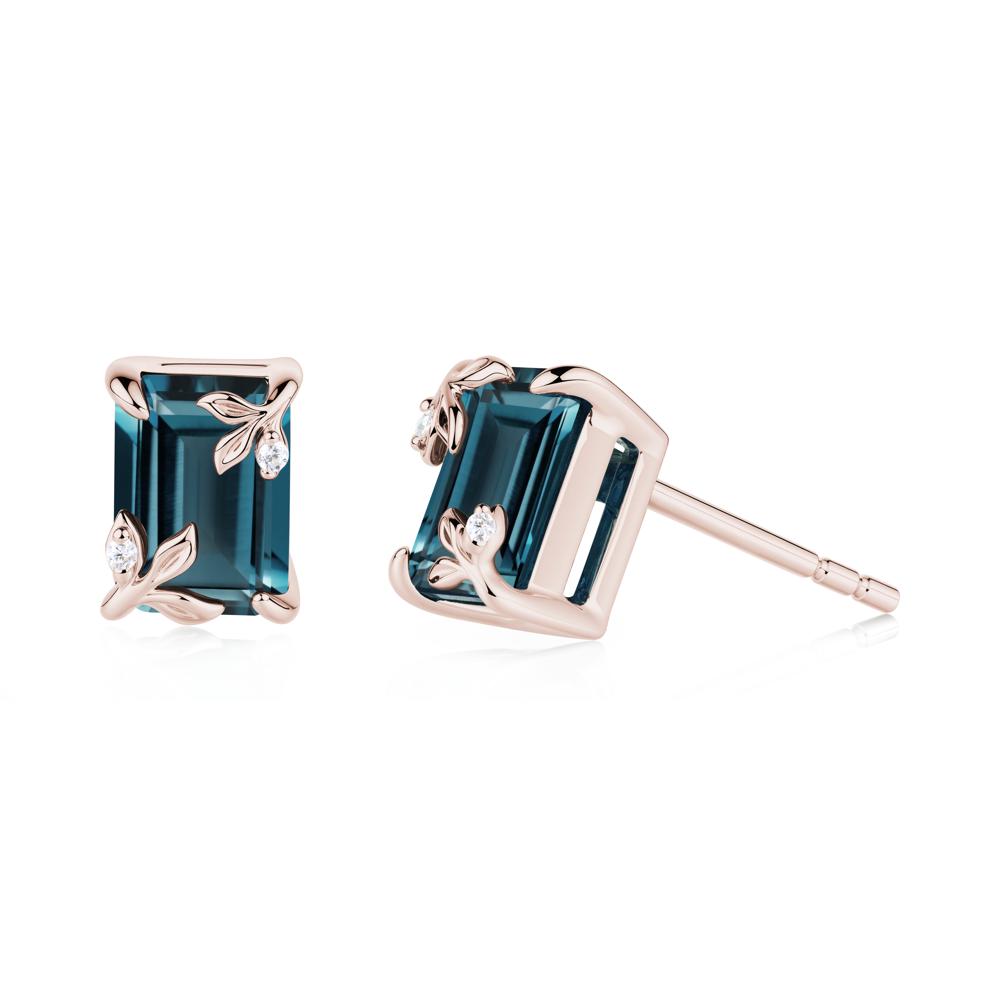 Nature-Inspired Leaf Emerald Cut London Blue Topaz Stud Earrings - LUO Jewelry #metal_14k rose gold
