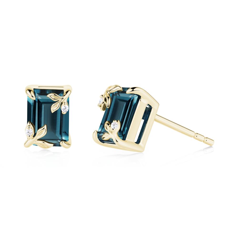 Nature-Inspired Leaf Emerald Cut London Blue Topaz Stud Earrings - LUO Jewelry #metal_18k yellow gold
