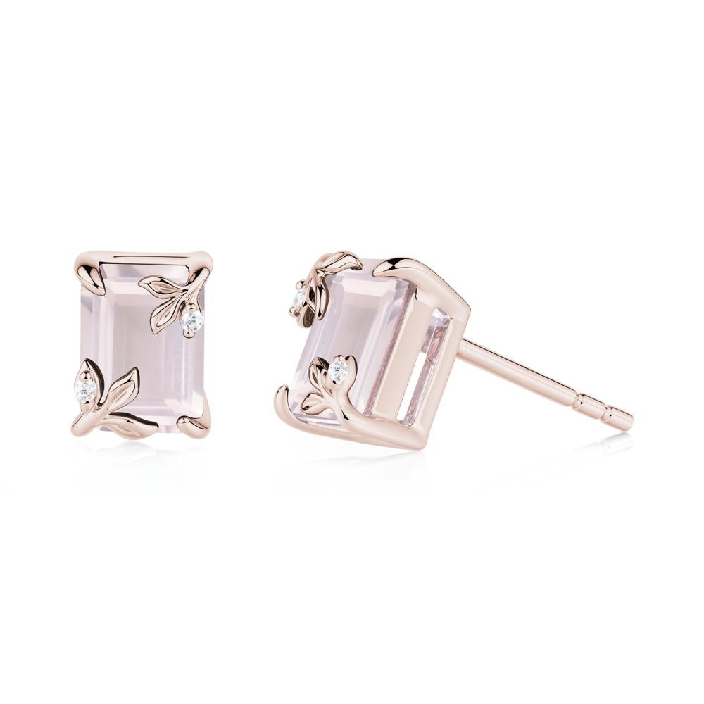 Nature-Inspired Leaf Emerald Cut Rose Quartz Stud Earrings - LUO Jewelry #metal_14k rose gold