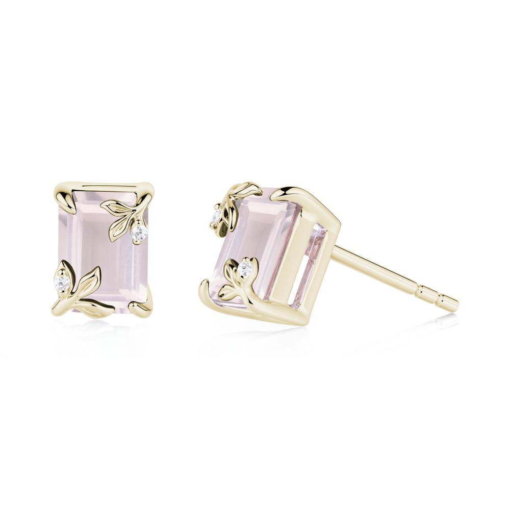 Nature-Inspired Leaf Emerald Cut Rose Quartz Stud Earrings - LUO Jewelry #metal_14k yellow gold