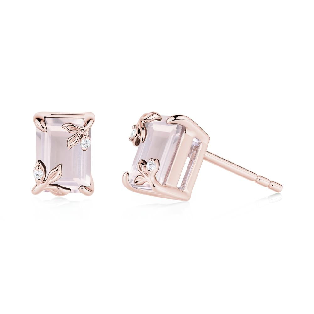 Nature-Inspired Leaf Emerald Cut Rose Quartz Stud Earrings - LUO Jewelry #metal_18k rose gold