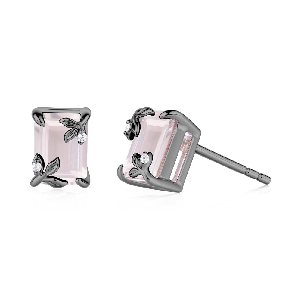 Nature-Inspired Leaf Emerald Cut Rose Quartz Stud Earrings - LUO Jewelry #metal_black finish sterling silver