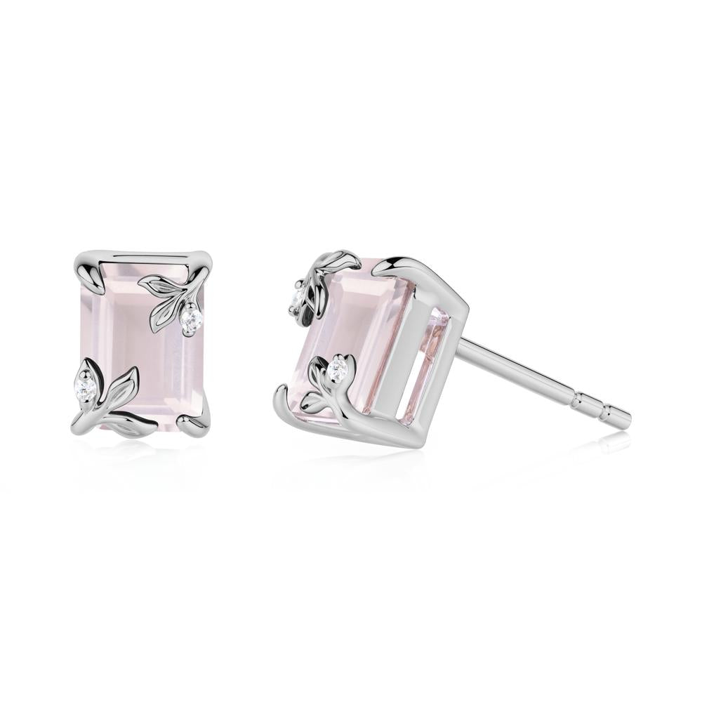 Nature-Inspired Leaf Emerald Cut Rose Quartz Stud Earrings - LUO Jewelry #metal_platinum