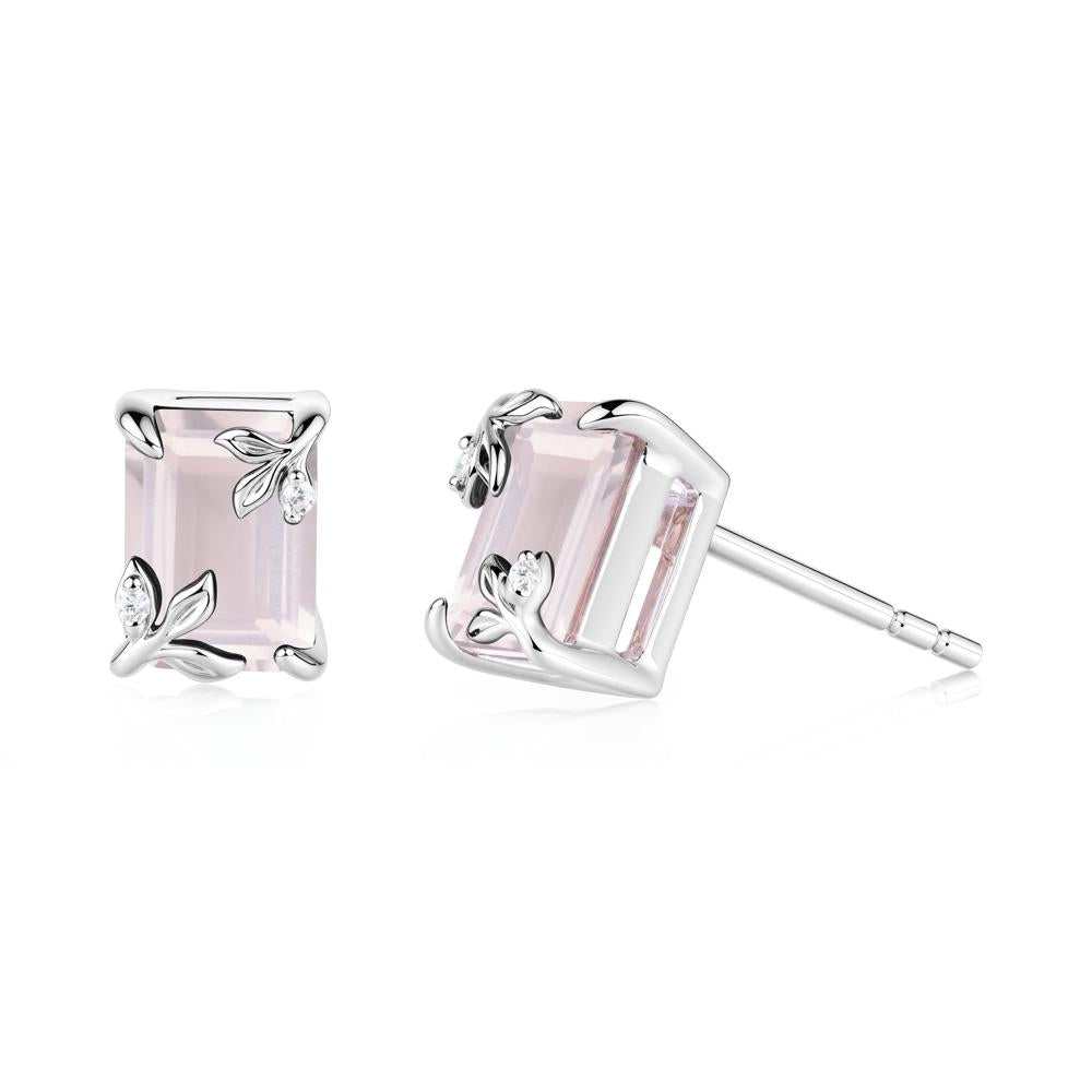 Nature-Inspired Leaf Emerald Cut Rose Quartz Stud Earrings - LUO Jewelry #metal_sterling silver