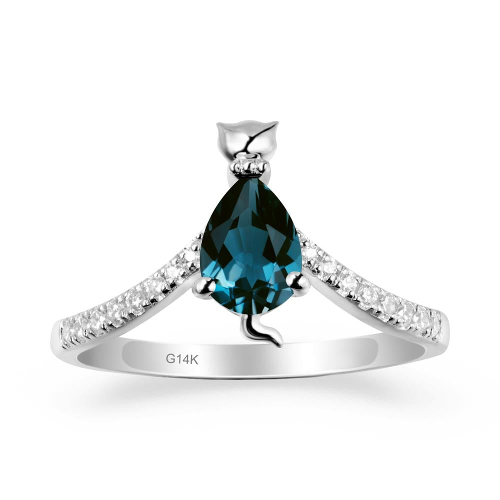 Unique Pear London Blue Topaz Cat Ring - LUO Jewelry #metal_14k white gold