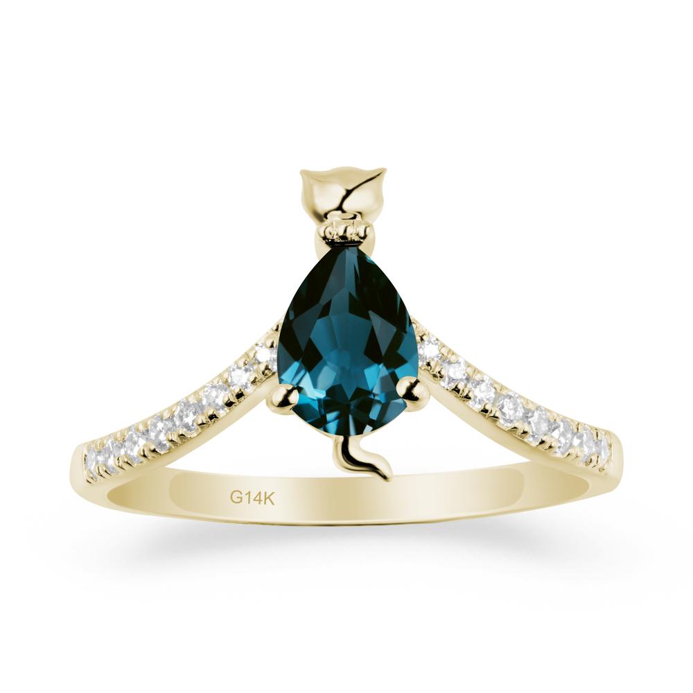 Unique Pear London Blue Topaz Cat Ring - LUO Jewelry #metal_14k yellow gold