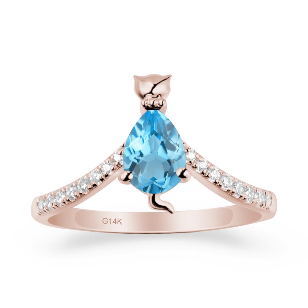 Unique Pear Swiss Blue Topaz Cat Ring - LUO Jewelry #metal_14k rose gold
