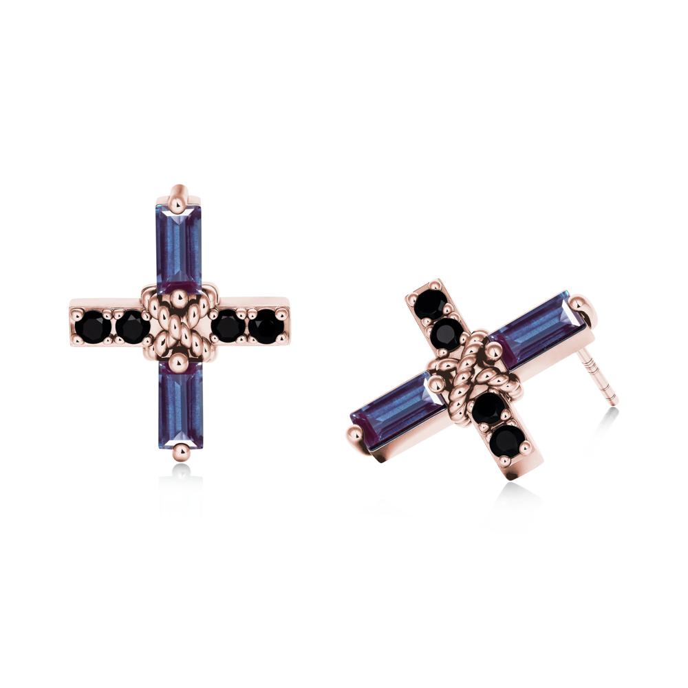 Baguette Alexandrite and Black Spinel Green Cross Stud Earrings - LUO Jewelry #metal_18k rose gold