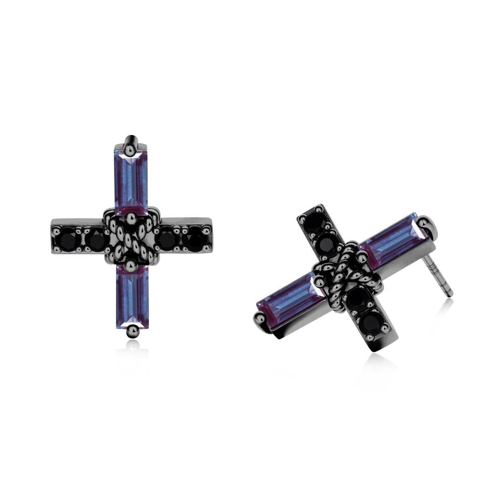 Baguette Alexandrite and Black Spinel Green Cross Stud Earrings - LUO Jewelry #metal_black finish sterling silver