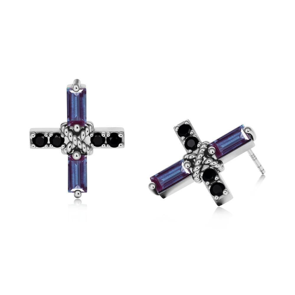 Baguette Alexandrite and Black Spinel Green Cross Stud Earrings - LUO Jewelry #metal_platinum