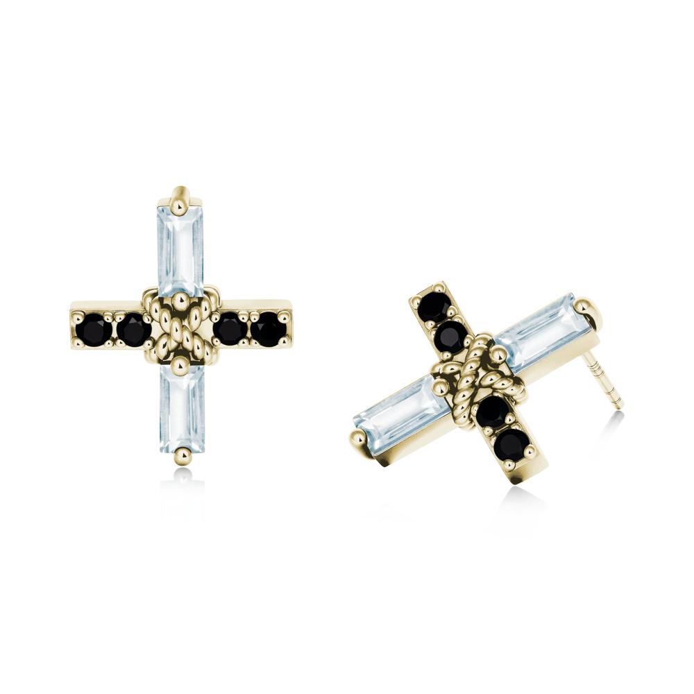 Baguette Aquamarine and Black Spinel Green Cross Stud Earrings - LUO Jewelry #metal_14k yellow gold