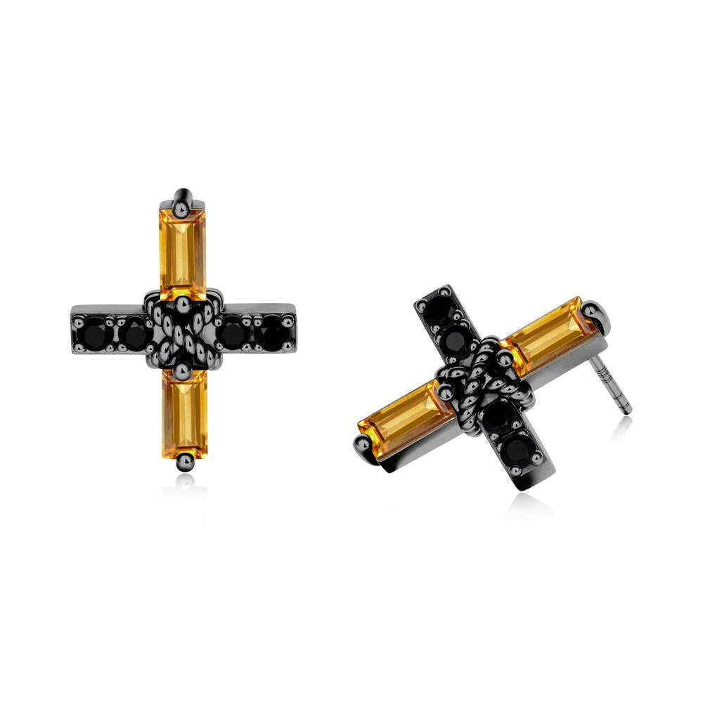 Baguette Citrine and Black Spinel Green Cross Stud Earrings - LUO Jewelry #metal_black finish sterling silver