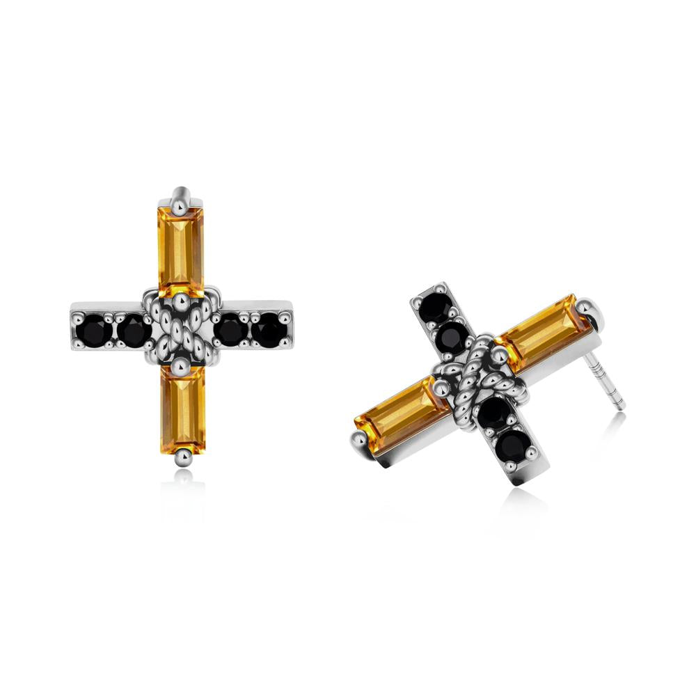 Baguette Citrine and Black Spinel Green Cross Stud Earrings - LUO Jewelry #metal_platinum