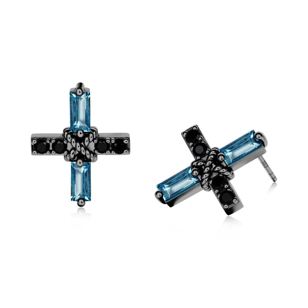 Baguette London Blue Topaz and Black Spinel Green Cross Stud Earrings - LUO Jewelry #metal_black finish sterling silver