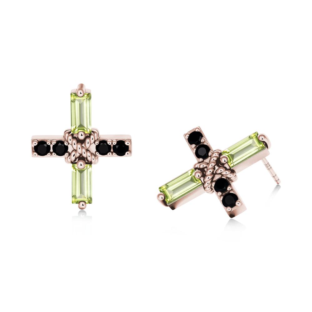 Baguette Peridot and Black Spinel Green Cross Stud Earrings - LUO Jewelry #metal_14k rose gold
