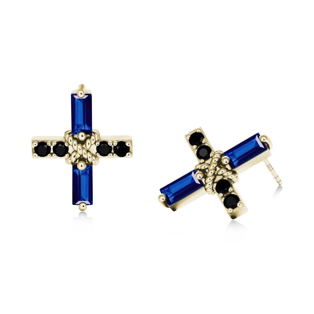 Baguette Sapphire and Black Spinel Green Cross Stud Earrings - LUO Jewelry #metal_14k yellow gold