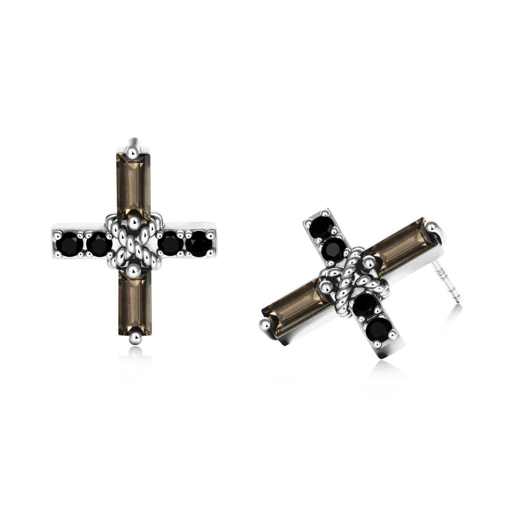Baguette Smoky Quartz and Black Spinel Green Cross Stud Earrings - LUO Jewelry #metal_18k white gold