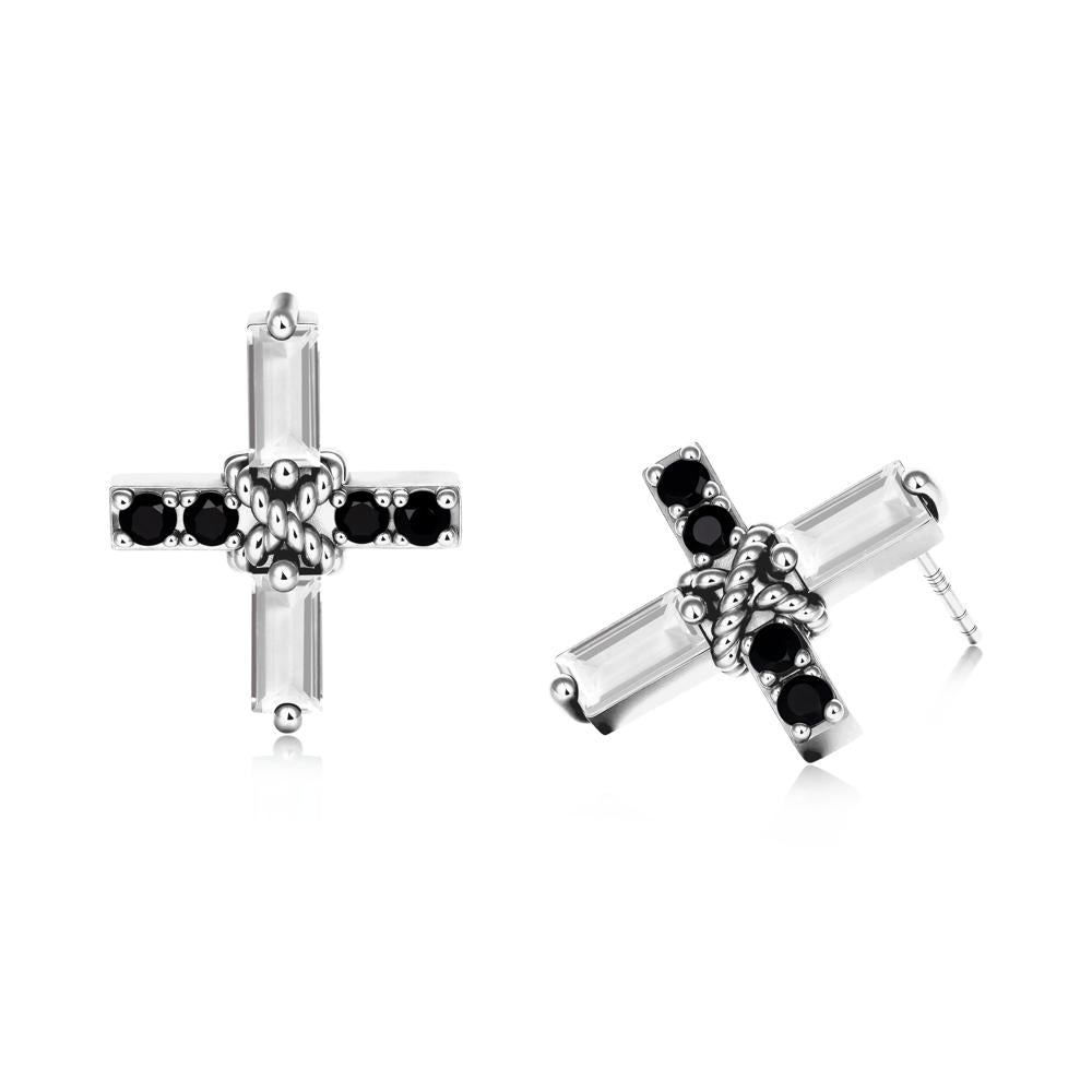 Baguette White Topaz and Black Spinel Green Cross Stud Earrings - LUO Jewelry #metal_14k white gold